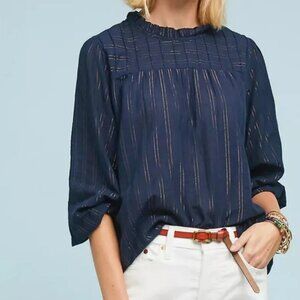 NEW with TAGS Anthropologie Maeve Reston Top Navy Gold Metallic Stripe Sz Small
